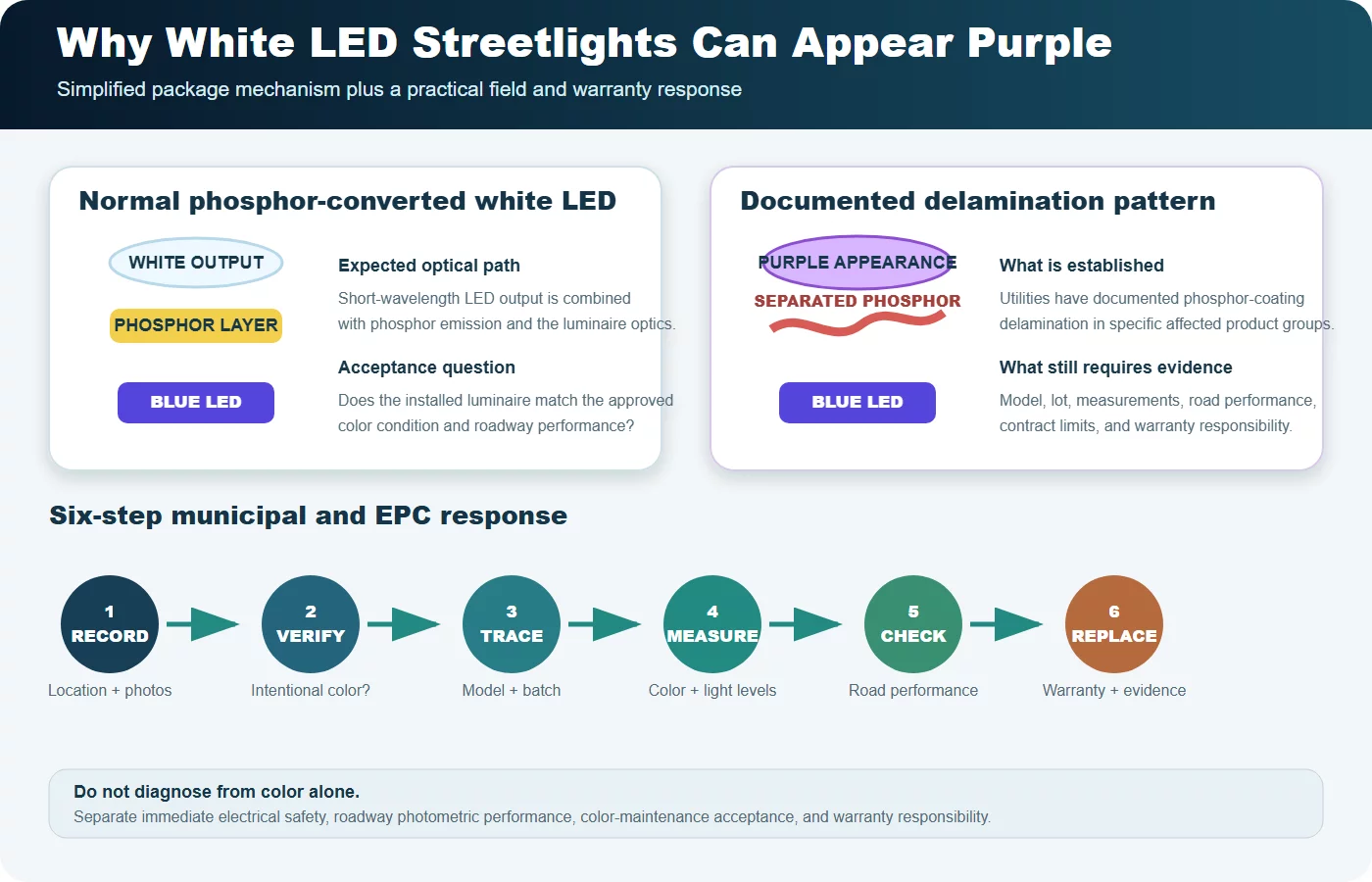 Normal phosphor-converted white LED versus a delaminated LED package and a six-step field response