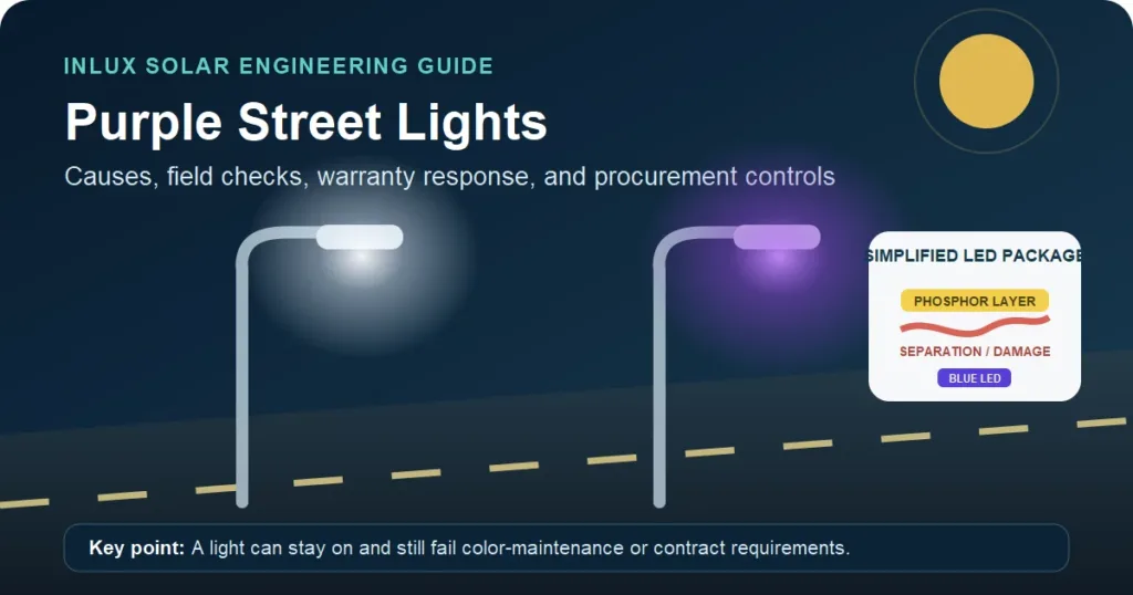 Guide technique sur les lampadaires violets montrant un lampadaire LED blanc normal et un lampadaire dont la couleur a viré au violet