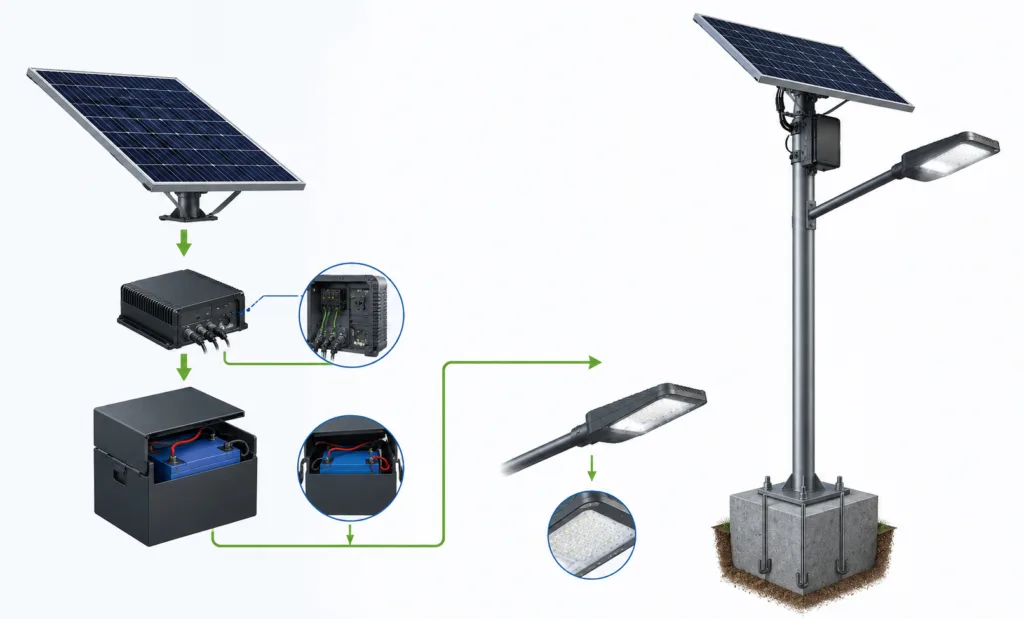 Solar street light power system showing PV panel, battery, charge controller, LED luminaire, pole and foundation materials