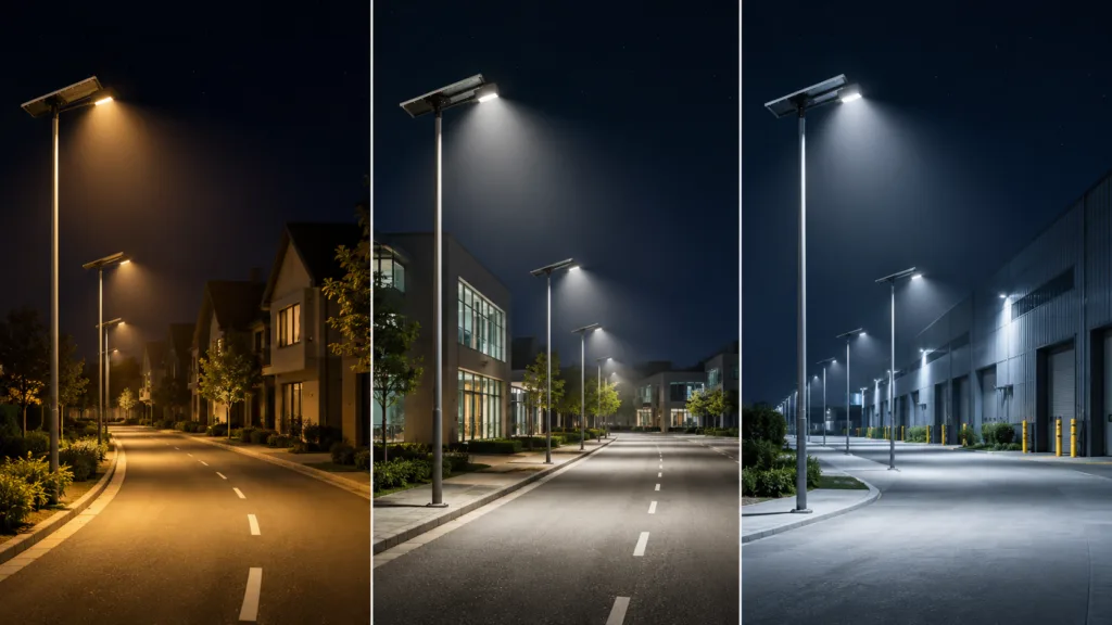 Street light color temperature comparison for 3000K 4000K and 5000K outdoor lighting