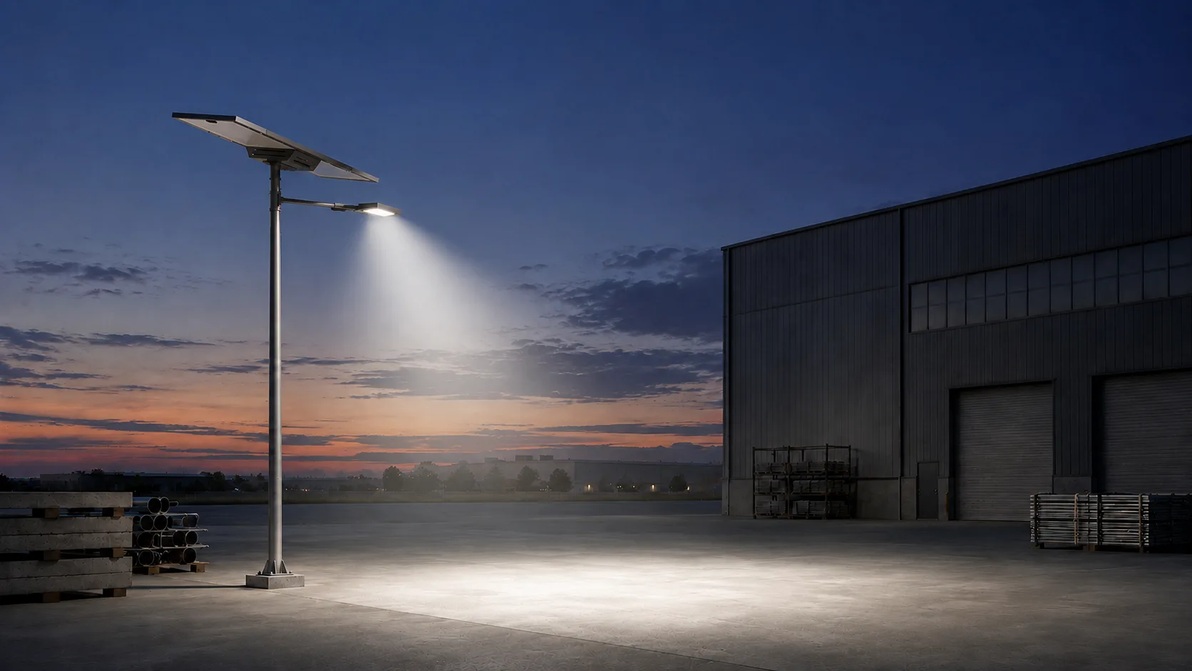 Commercial solar flood light illuminating an industrial yard with a defined lighted area