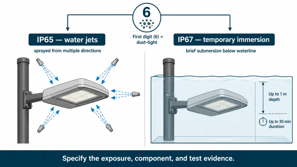 Conceptual comparison of IP65 water-jet exposure and IP67 temporary-immersion exposure for outdoor solar street light enclosures