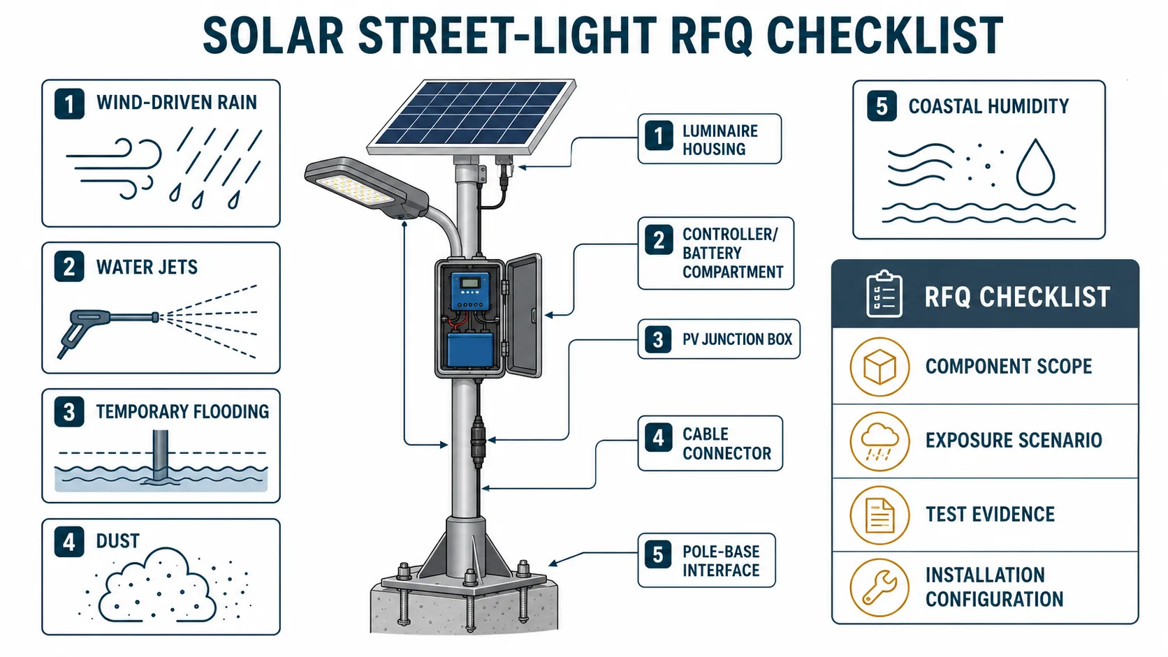 Solar street light component exposure matrix for luminaire housing, controller compartment, PV junction box, connectors, and pole base