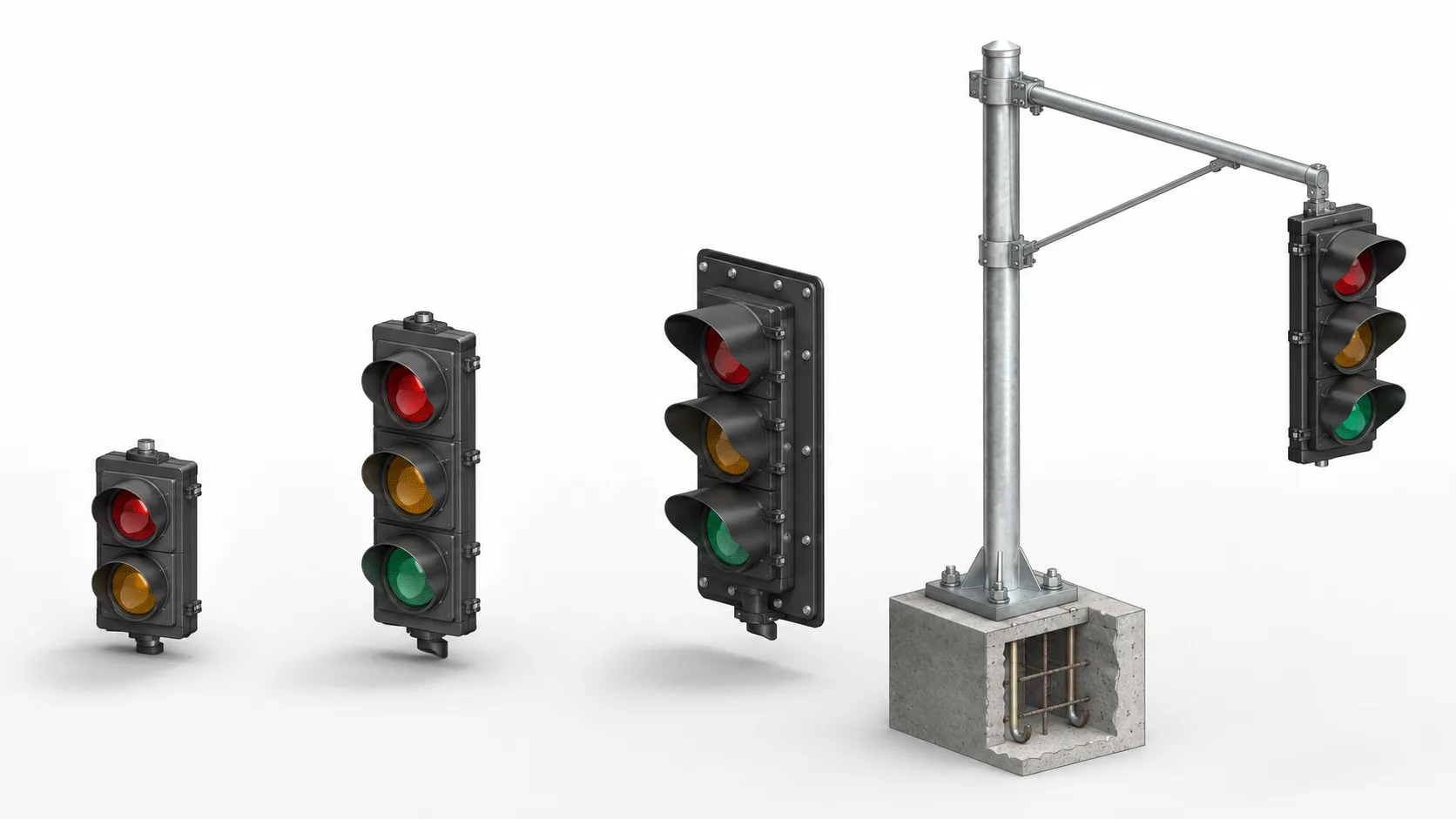 Comparison of traffic light weight factors including material, number of sections, backplate, visor, mounting orientation and pole support
