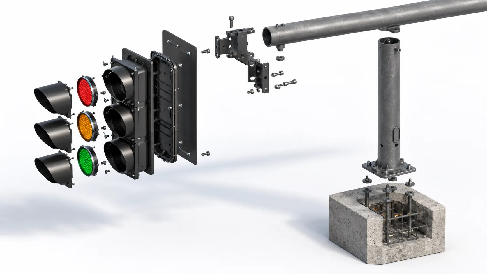 Traffic signal head weight breakdown showing housing, lenses, visors, backplate, mounting hardware, pole arm and foundation