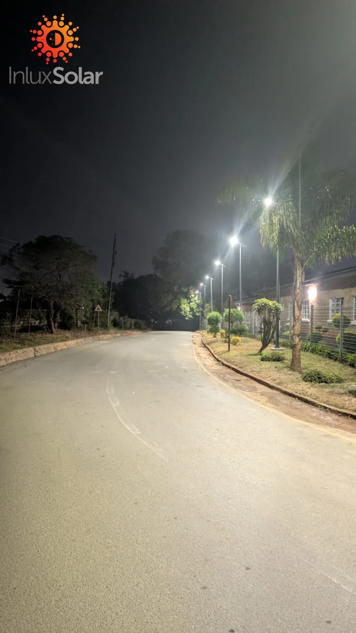 Row of 6 m solar street lights along a curved sealed road, lighting the kerb and verge after dark in Zambia