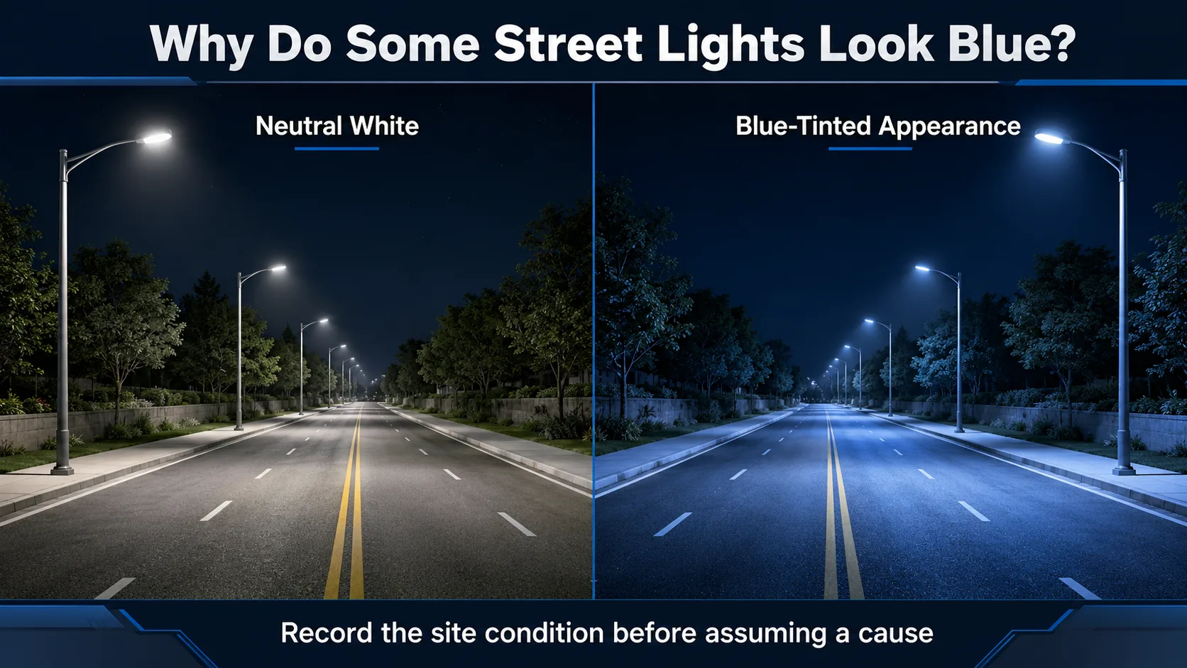 Illustration comparing neutral white and blue-tinted street lighting