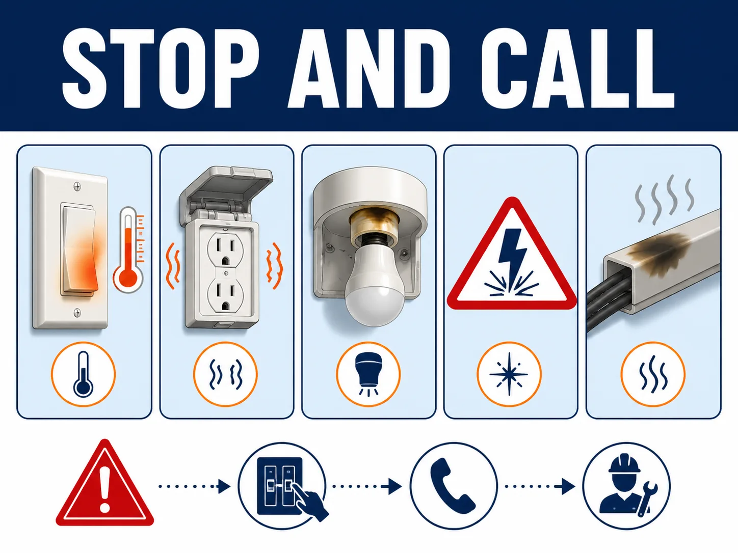 Electrical warning signs that require a qualified electrician, including heat, buzzing, discoloration and burning odor