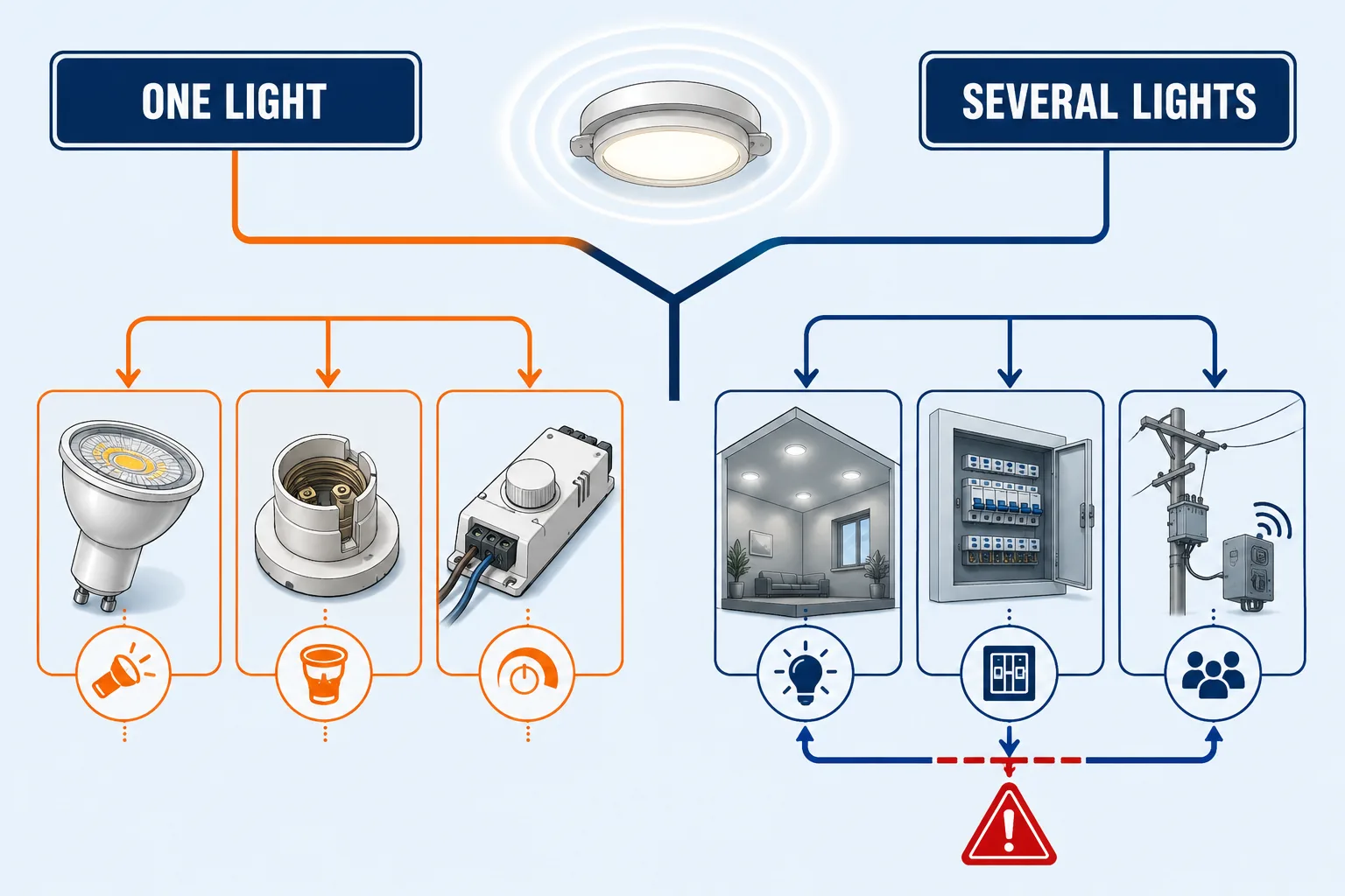 Decision diagram separating one flickering light from several lights flickering together