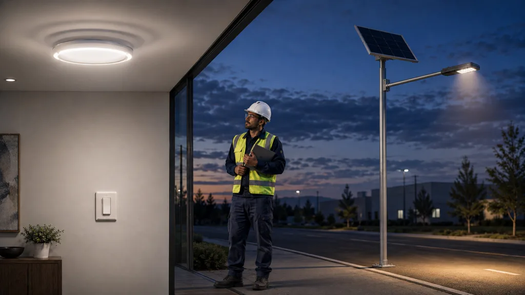 Electrician comparing a flickering indoor LED fixture with a commercial solar street light power system
