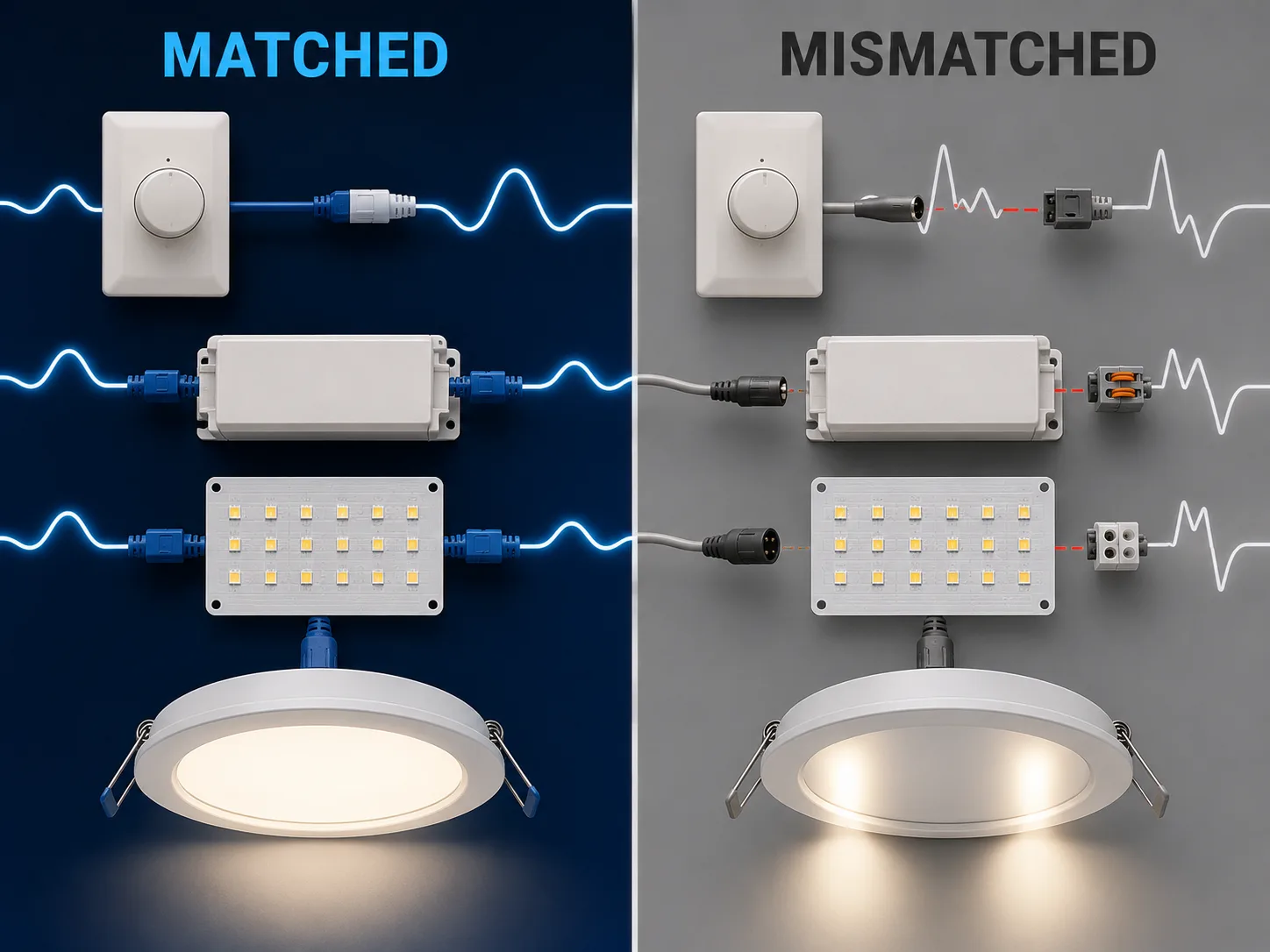 Comparison of a matched LED dimmer and driver with a mismatched pair that causes unstable light output