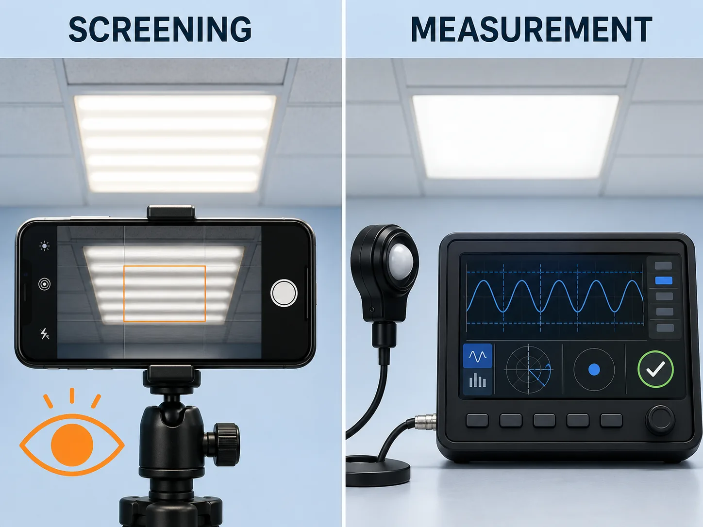 Phone camera screening compared with professional LED flicker waveform measurement equipment