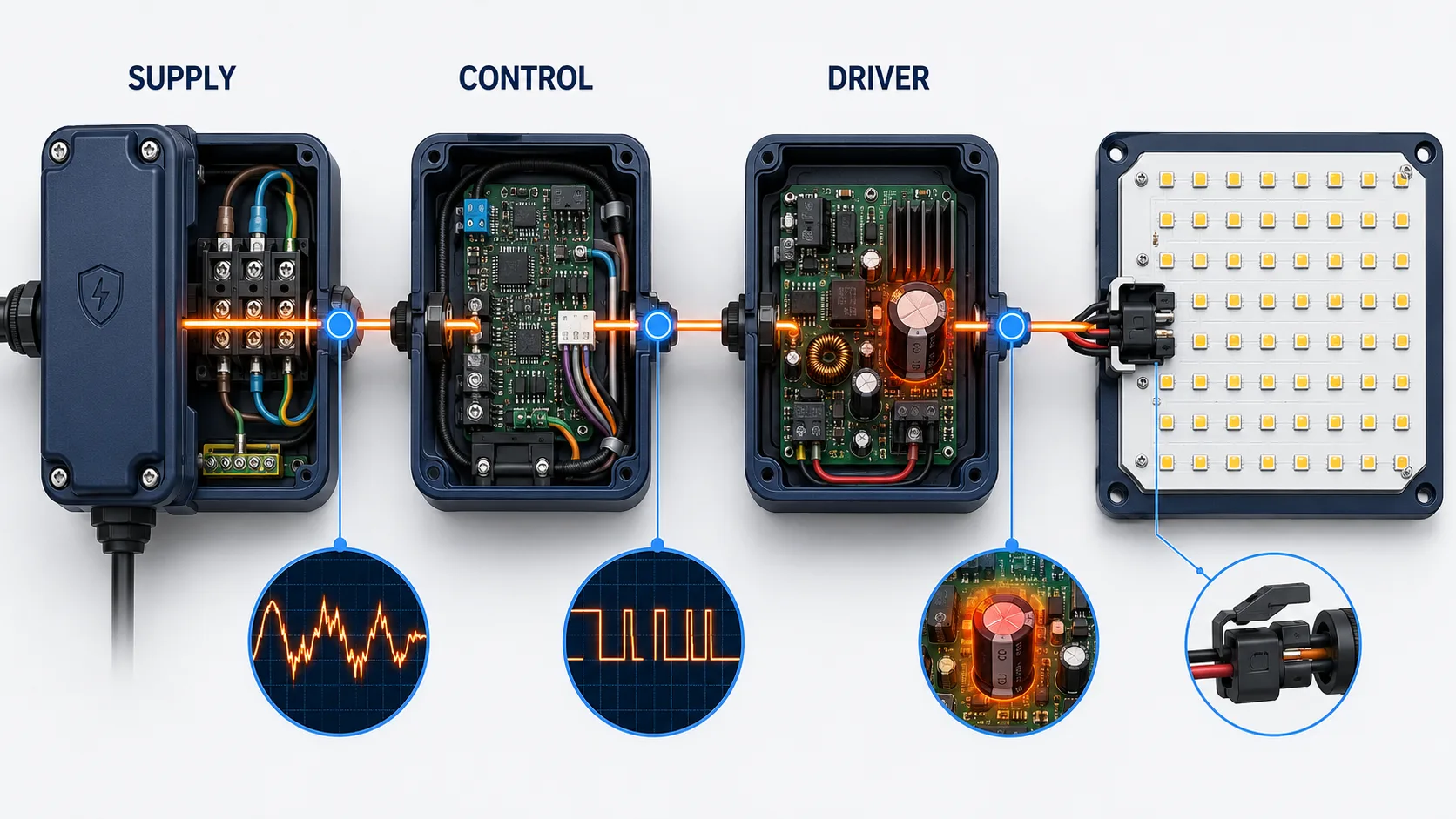 LED lighting power path showing supply, control, driver and LED module fault locations