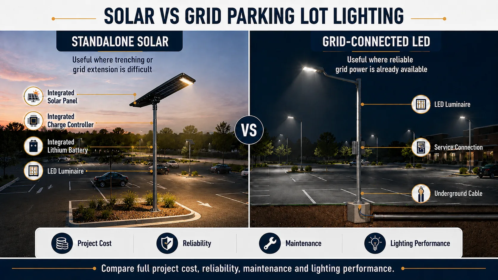 Comparison of standalone solar and grid-connected LED parking lot lighting systems