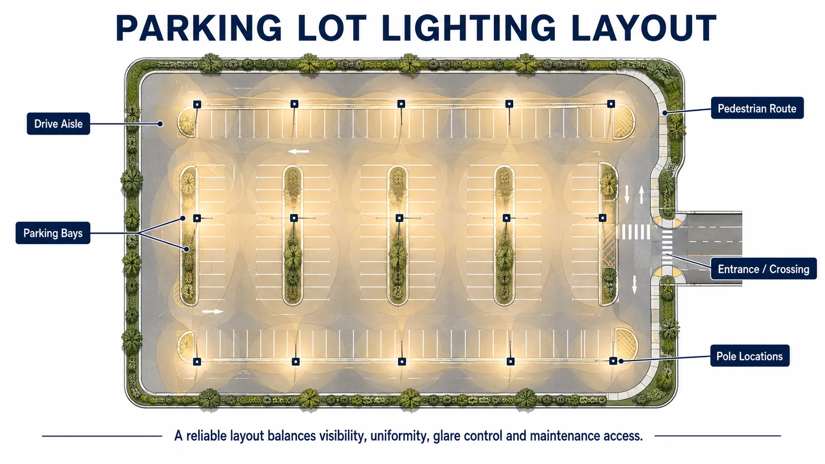 Parking lot lighting layout showing poles, drive aisles, parking bays and pedestrian routes
