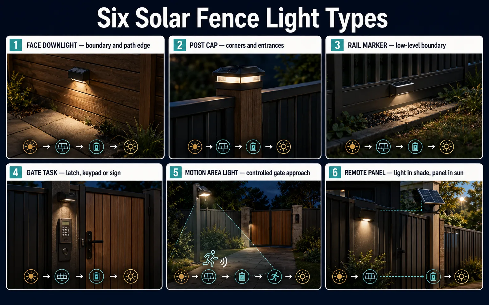 Solar fence light types including face post cap rail gate motion and remote panel lights