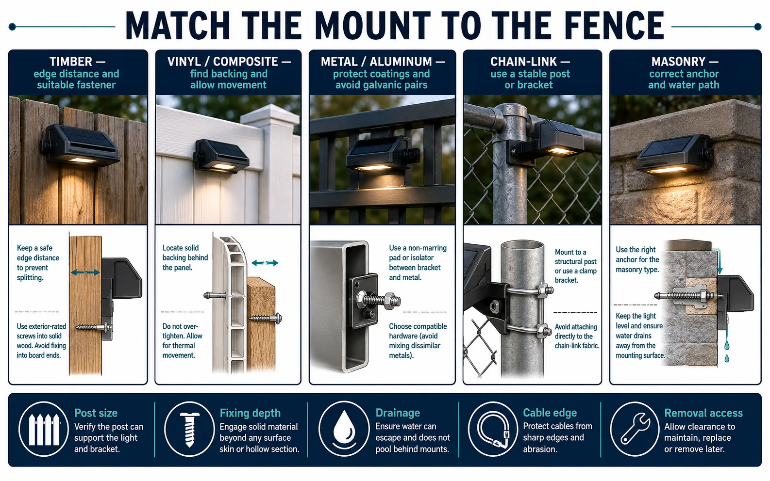 Solar lights for fence mounting on timber vinyl metal chain link and masonry boundaries