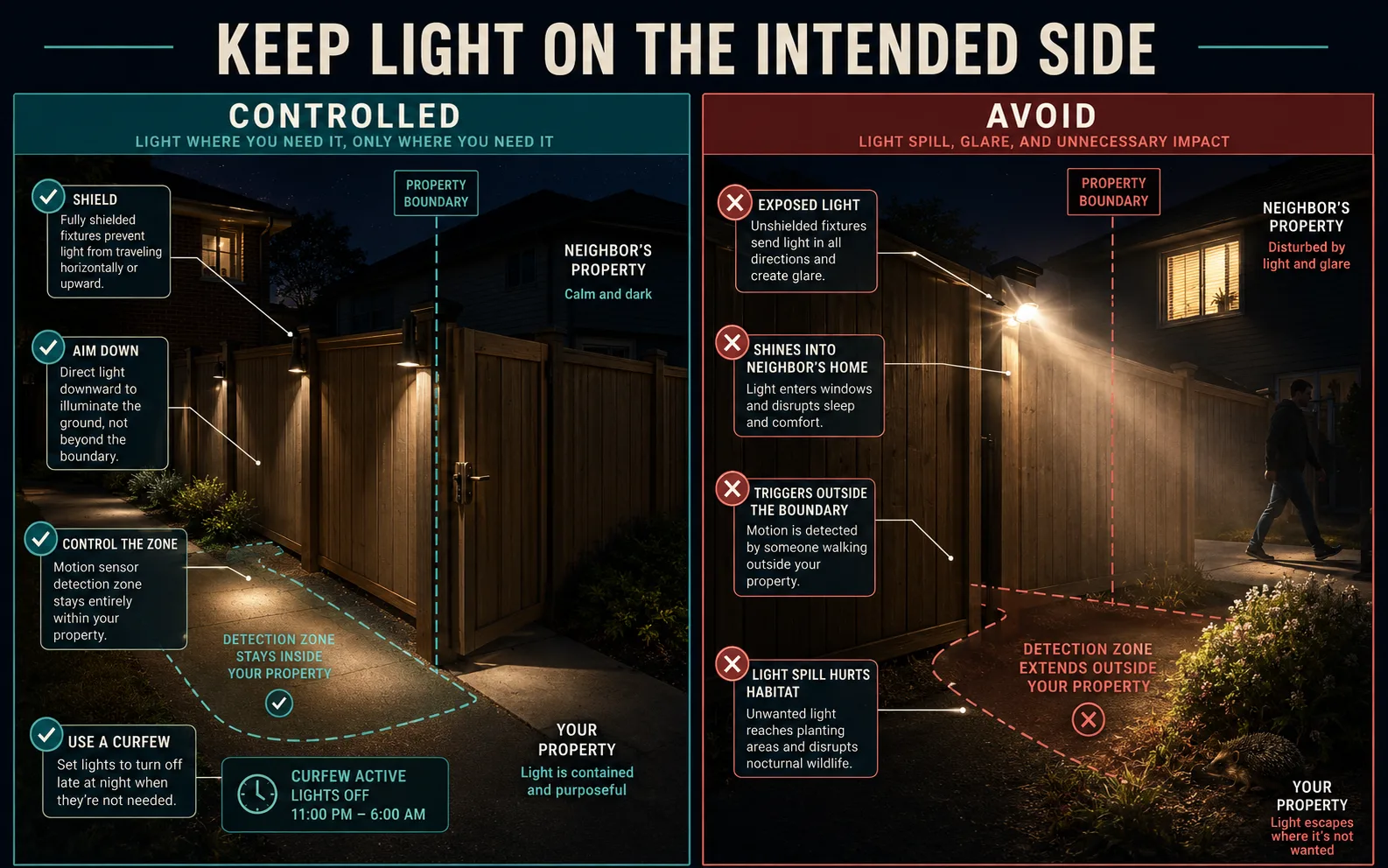 Solar fence lights boundary glare control for paths neighbors windows and habitat