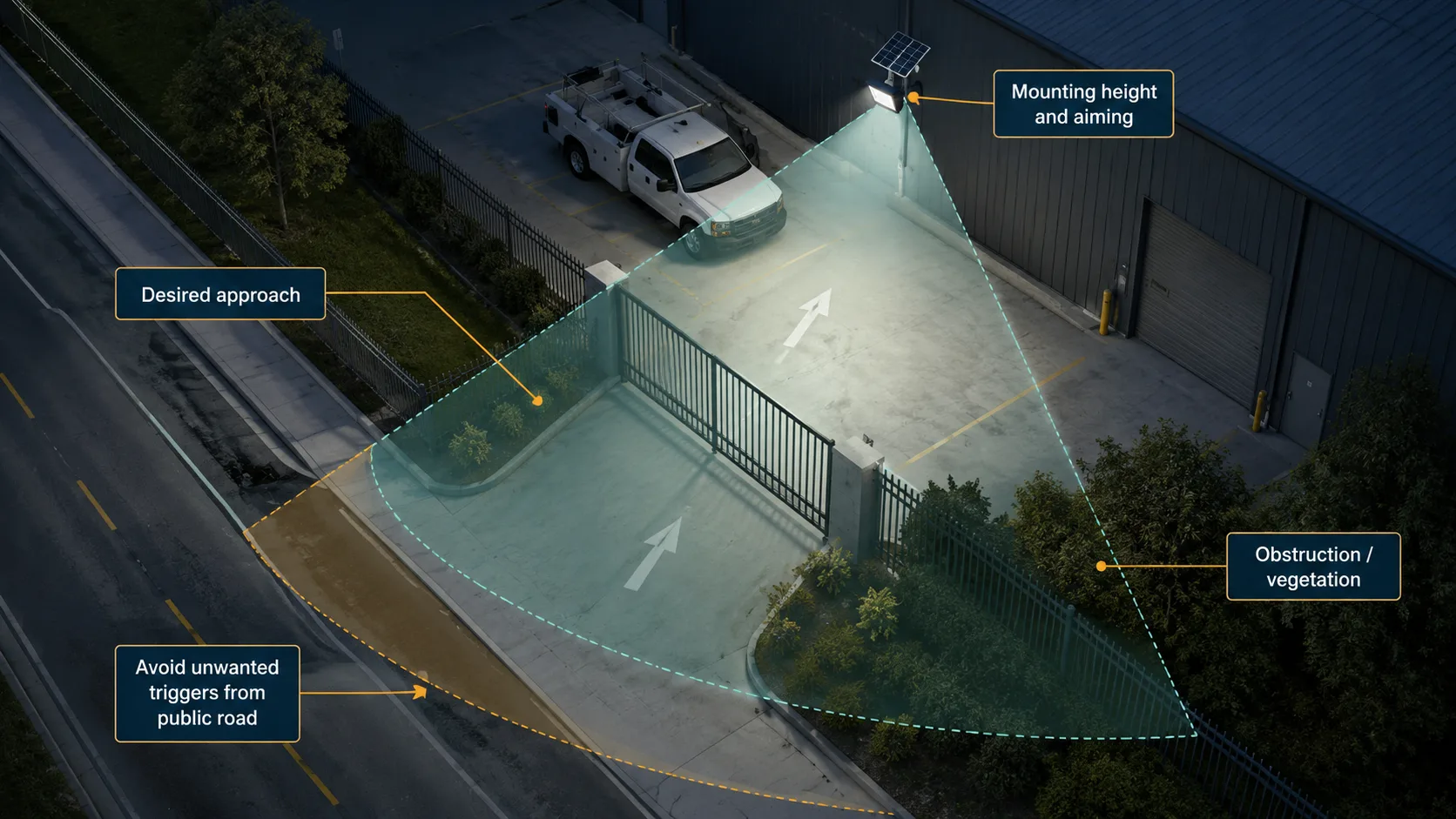 Diagram showing the desired detection zone, mounting aim, obstructions and unwanted-trigger risk for a solar flood light