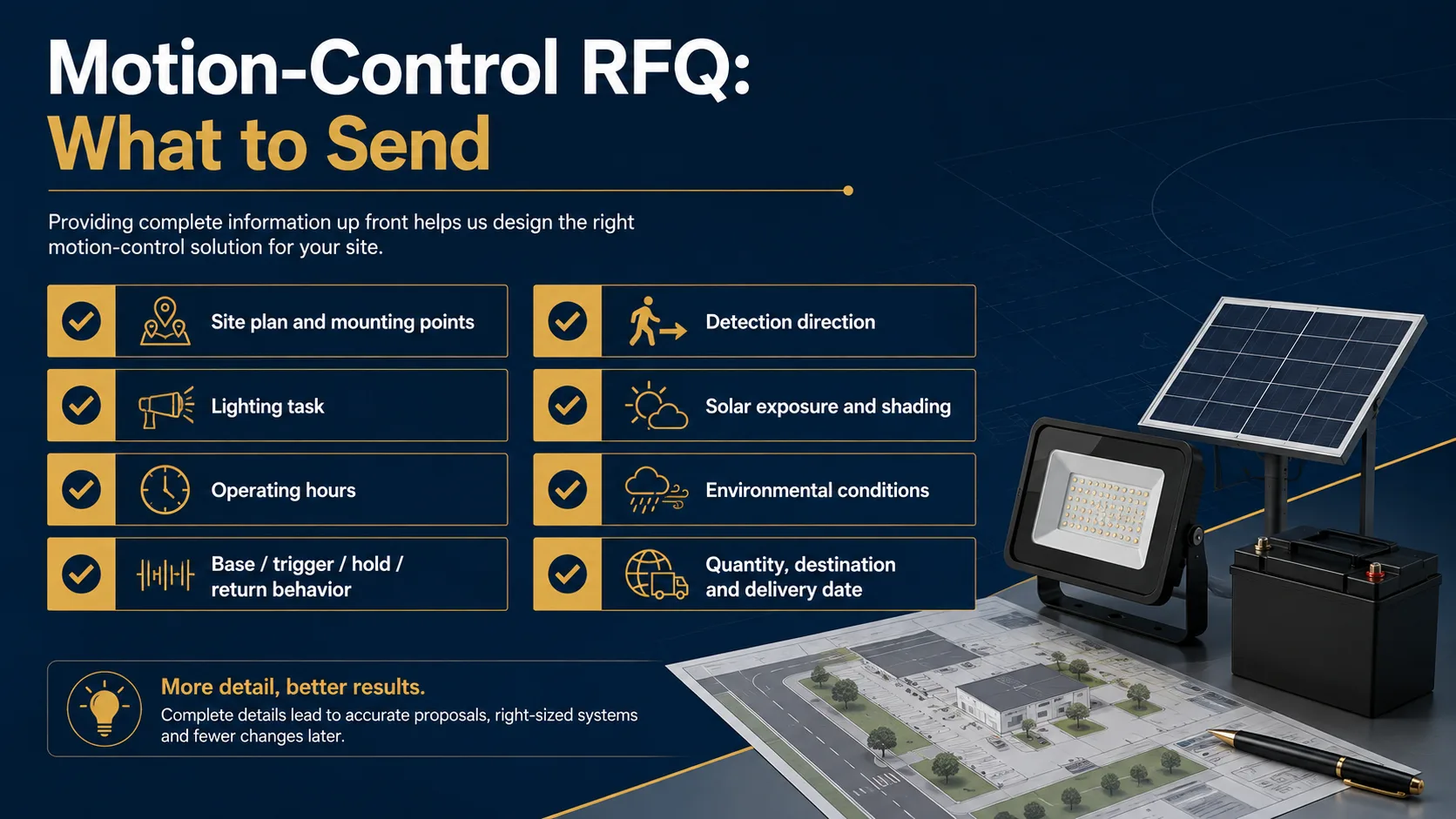 Checklist of site, control and environmental details needed for a solar flood-light motion-sensor RFQ