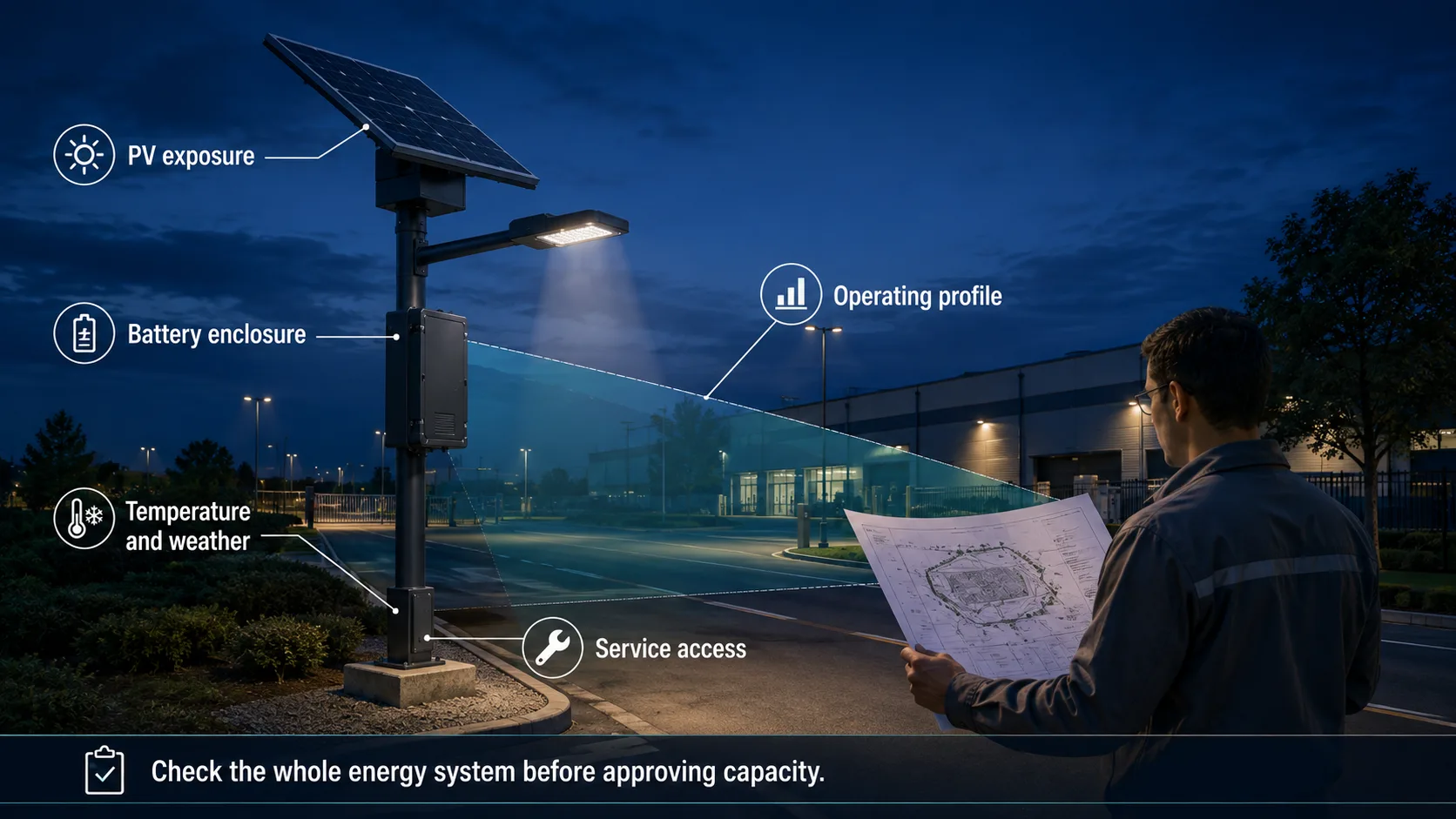 Engineering site review showing a solar street-light panel, battery enclosure, operating profile, weather conditions and maintenance access.