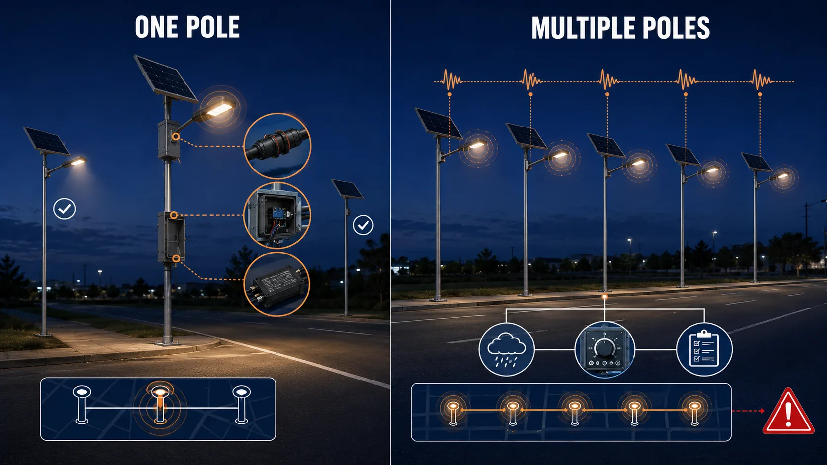 Solar street light diagnostic comparison between one affected pole and multiple poles flickering together