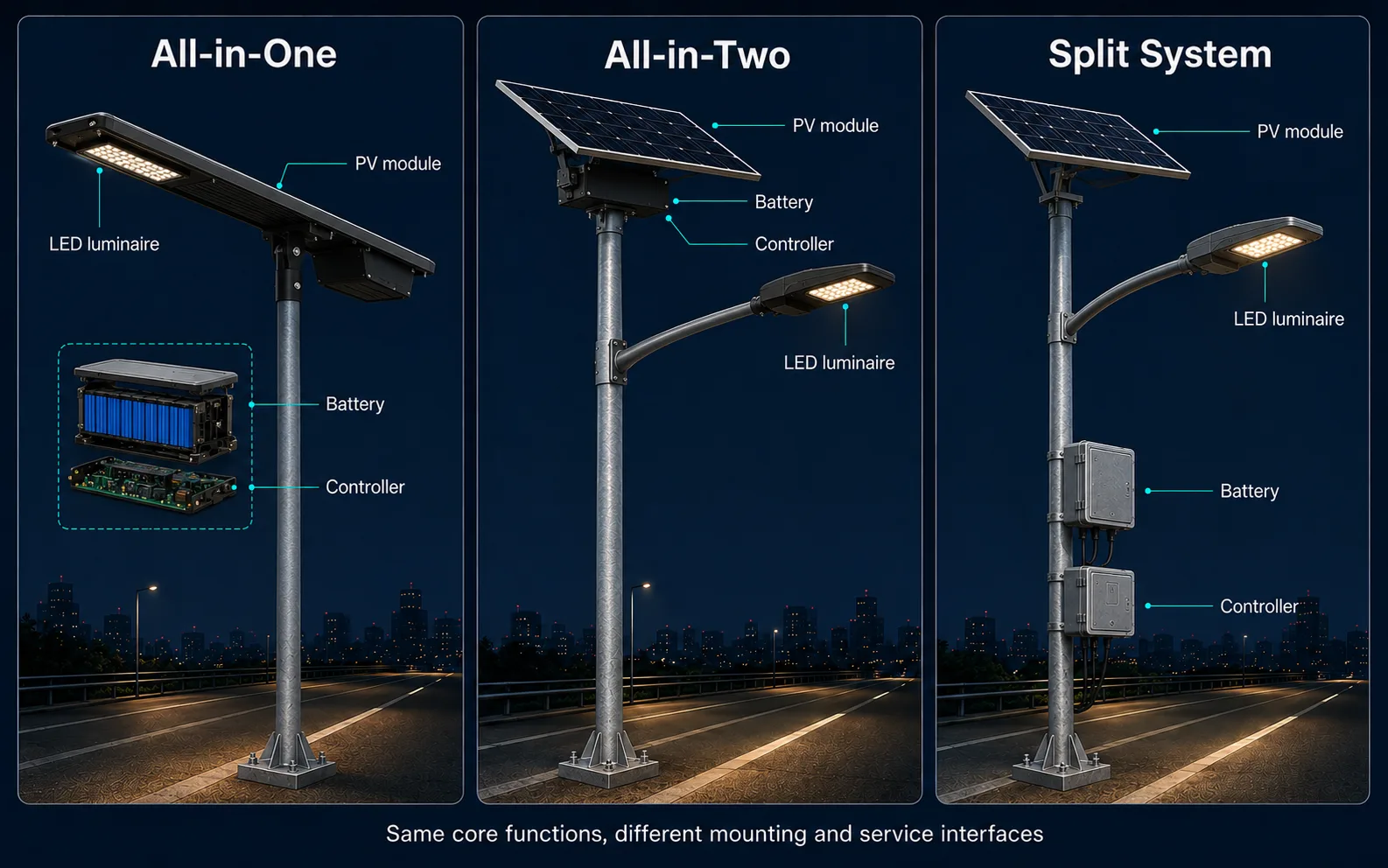 Comparison of all-in-one, all-in-two and split solar street-light layouts mounted on poles.