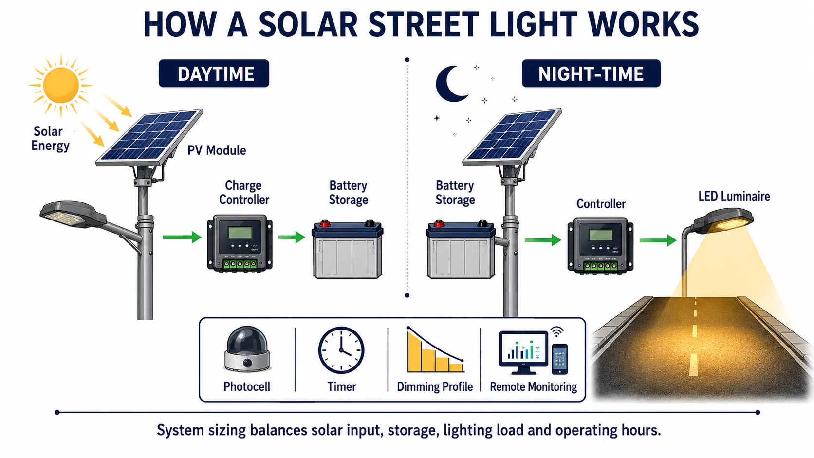 Solar street-light system showing the PV module, controller, battery and LED luminaire