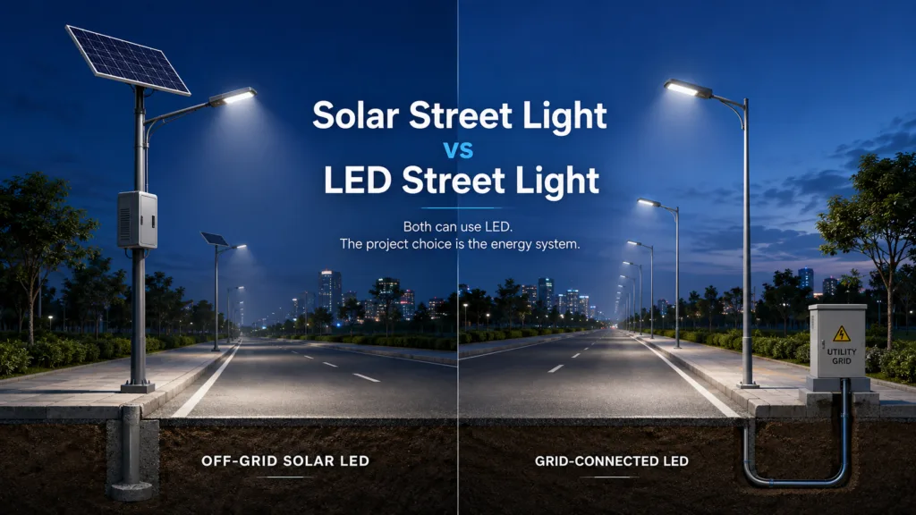 Comparison illustration of an off-grid solar LED street-light system and a grid-connected LED street-light system