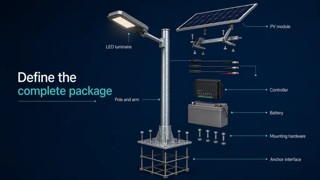 Comparison of all-in-one, all-in-two and split solar street-light layouts mounted on poles.