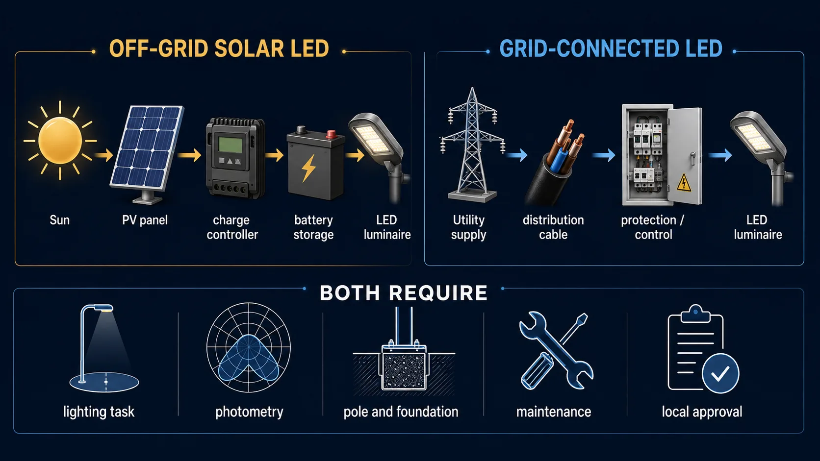 Diagram comparing off-grid solar LED energy flow with grid-connected LED street-light energy flow