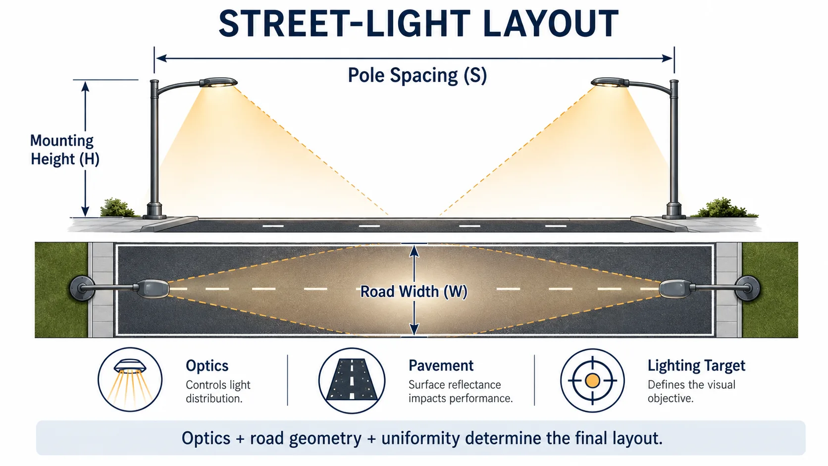 Diagram showing street-light mounting height, road width and pole spacing Caption: Height, road width, optics and pole spacing are related design inputs; final spacing requires photometric verification.