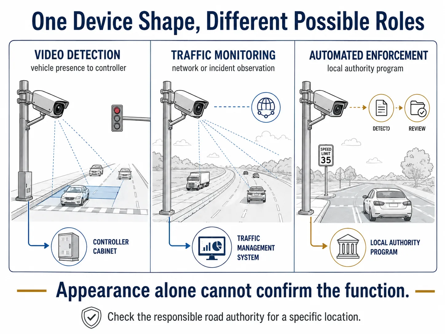 Infographic separating video detection, traffic monitoring and automated enforcement functions near traffic signals