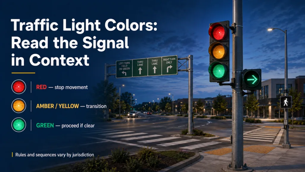 Illustration of red, amber, green, arrow and pedestrian traffic signals at an intersection