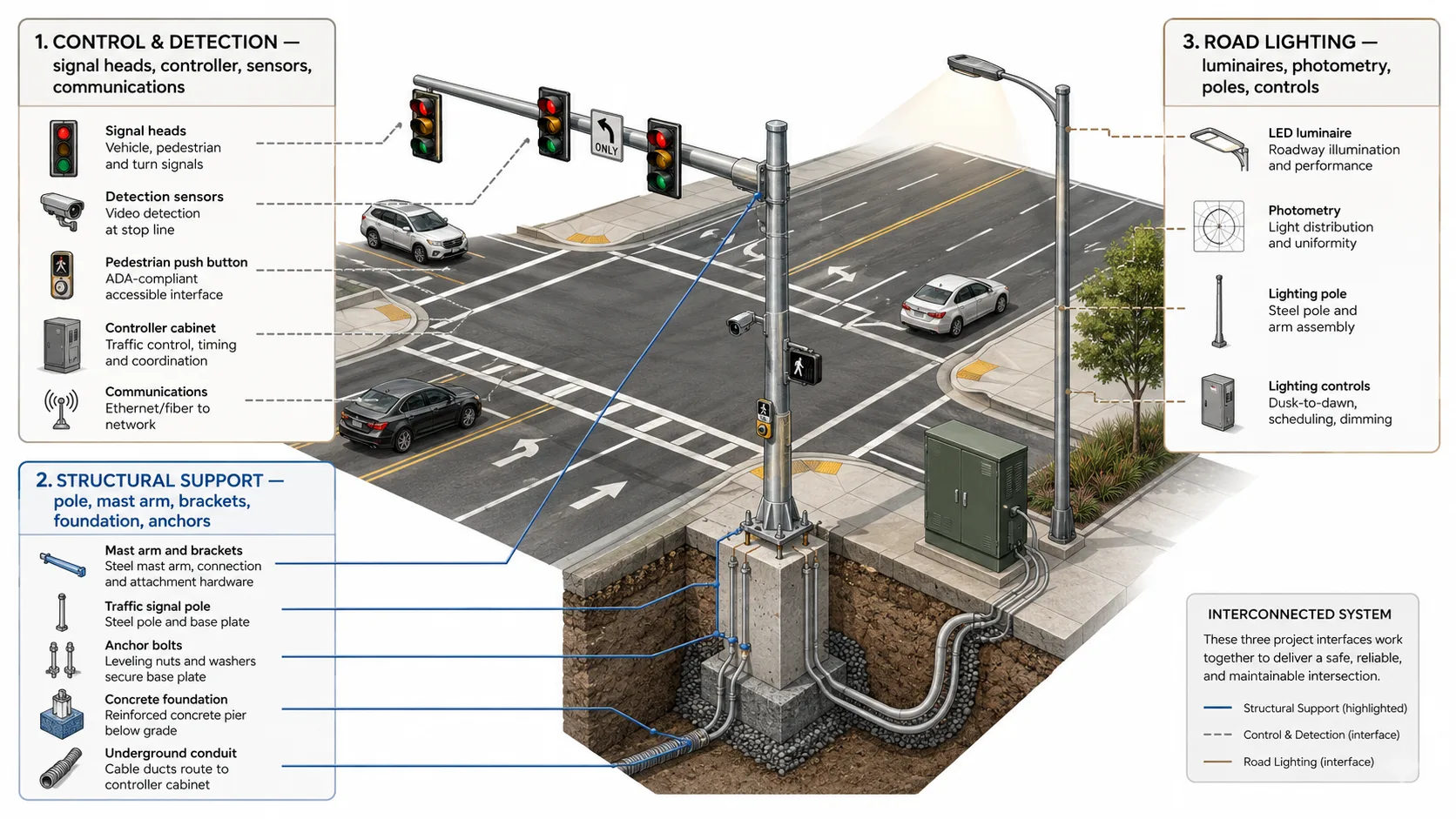 Diagram separating traffic-control detection equipment, structural support and road-lighting scope at an intersection