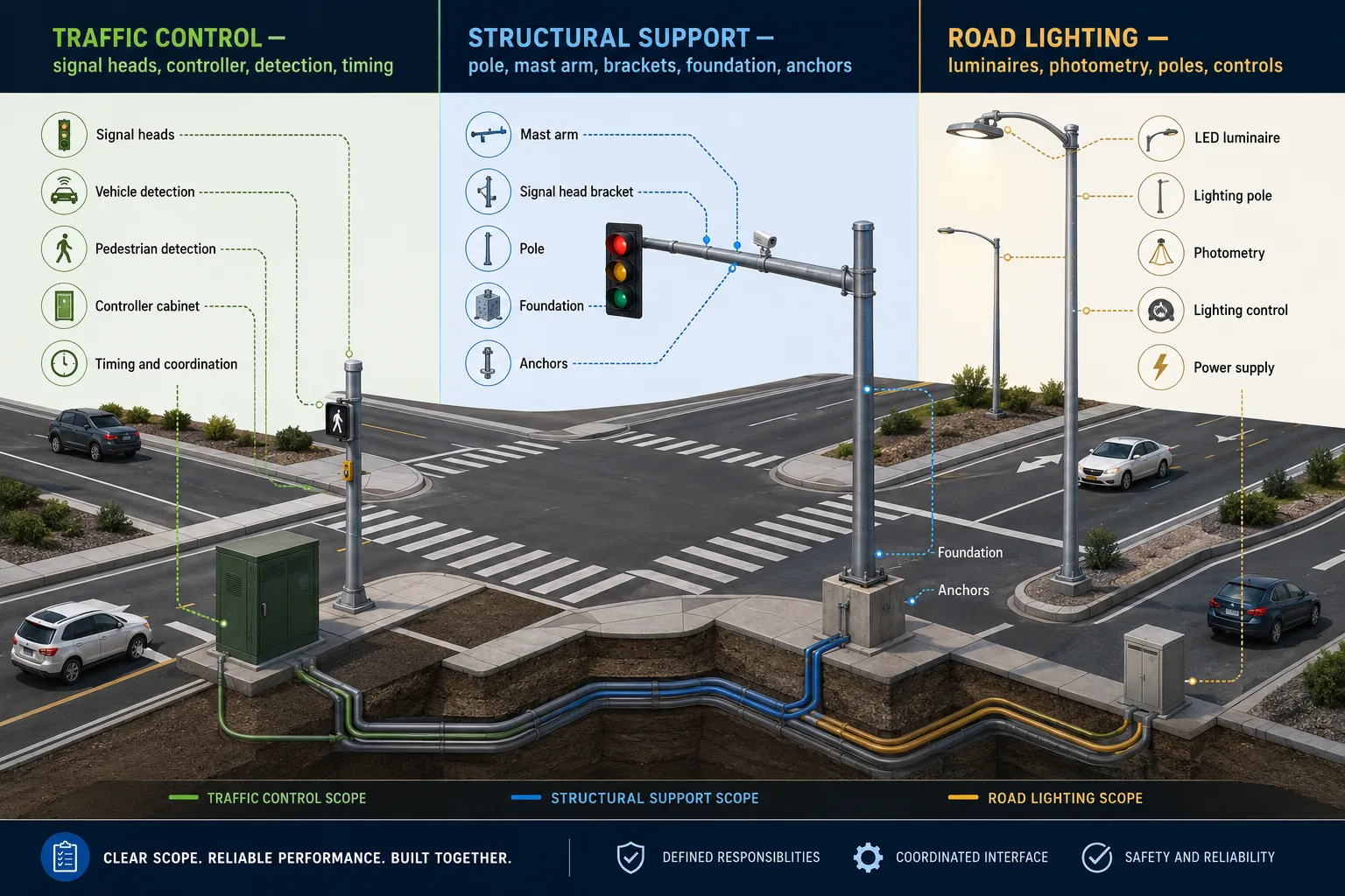 Diagram separating traffic-control equipment, structural support and road-lighting scope at an intersection