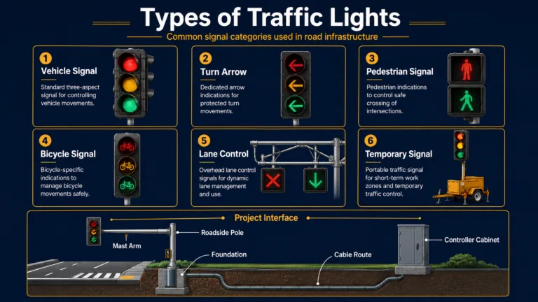 Infographic showing six common traffic signal types and the project interfaces between signal equipment, poles, mast arms, foundations, cables and controllers.