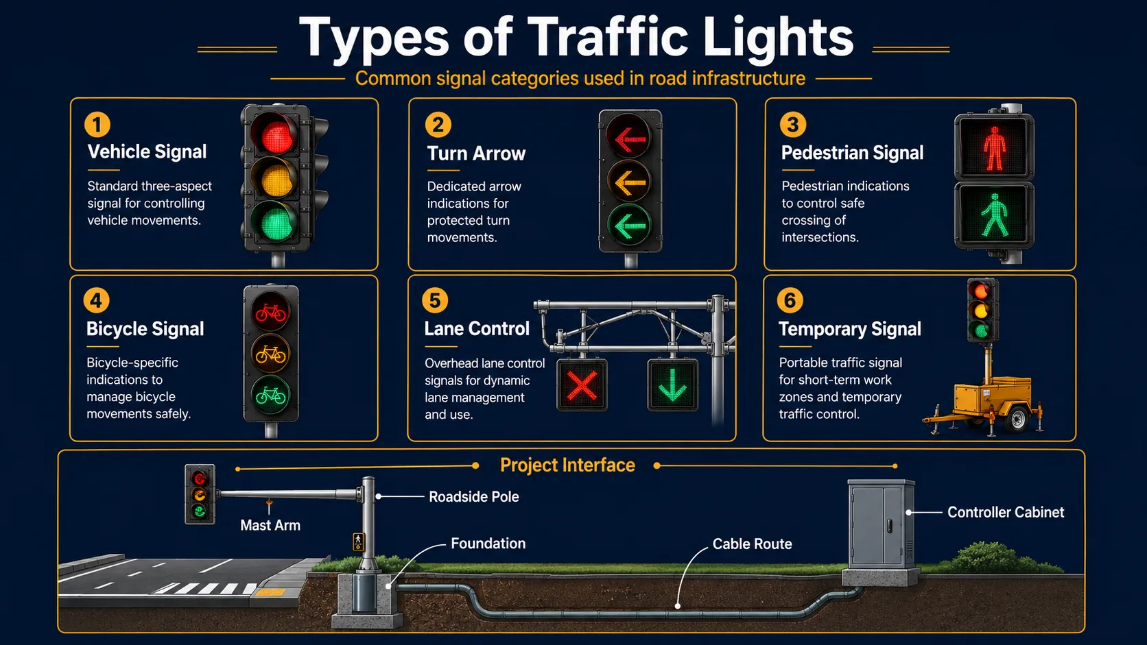 Infographic showing six common traffic signal types and the project interfaces between signal equipment, poles, mast arms, foundations, cables and controllers.