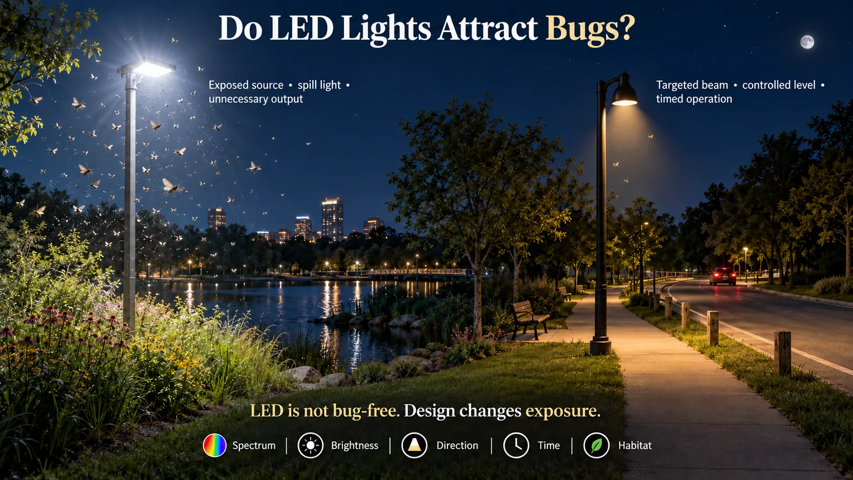 Do LED lights attract bugs around outdoor fixtures with different shielding and beam control