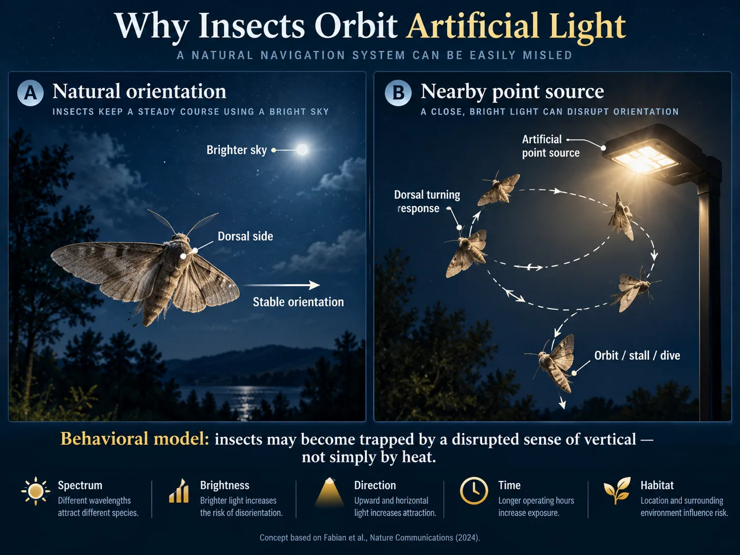 Concept diagram of insect dorsal light response near an artificial LED source