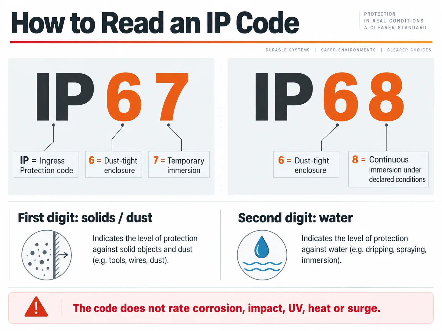 IP code diagram explaining dust-tight first digit and water-protection second digit