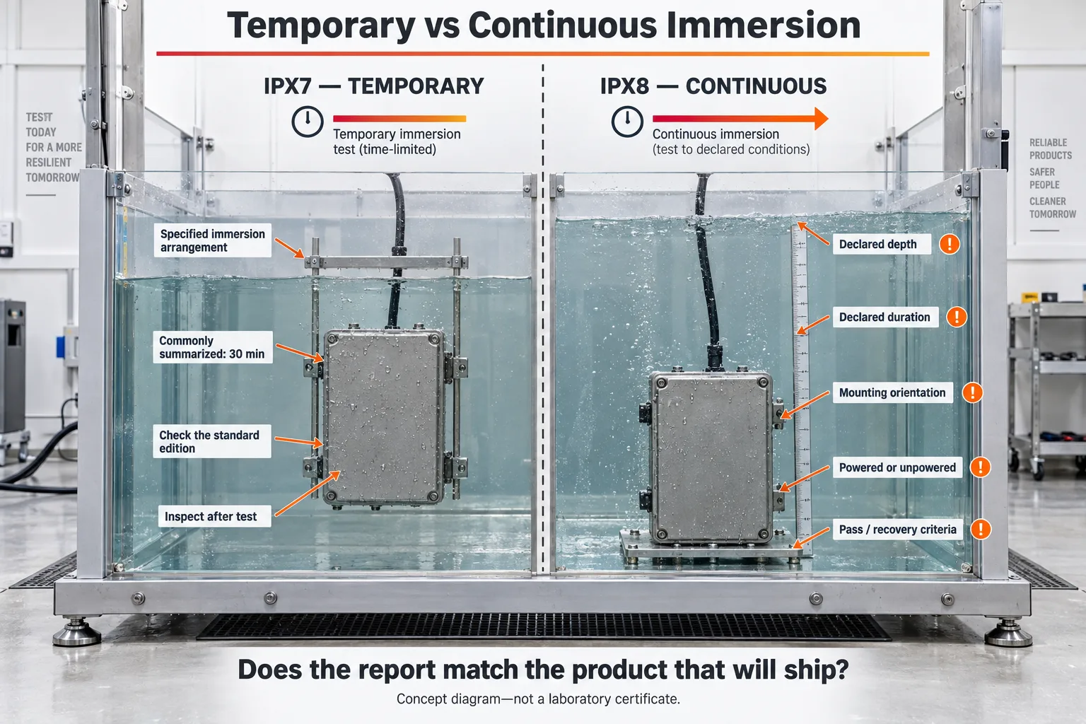 IP67 temporary immersion and IP68 declared continuous immersion test conditions