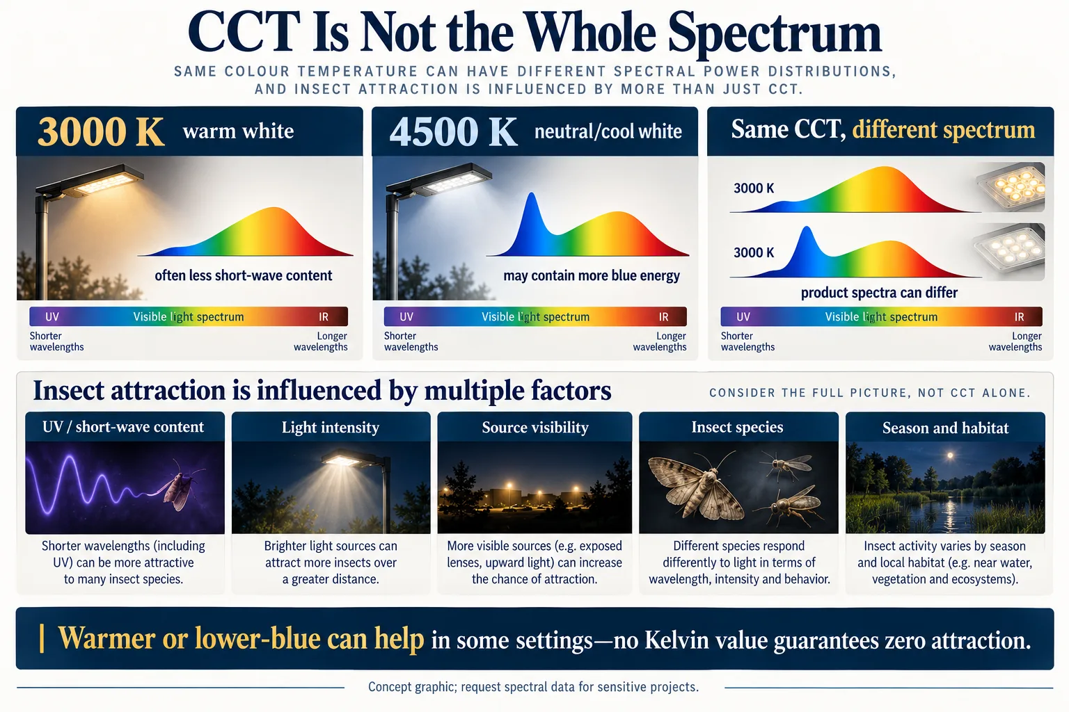 LED spectrum and color temperature factors that can influence insect attraction