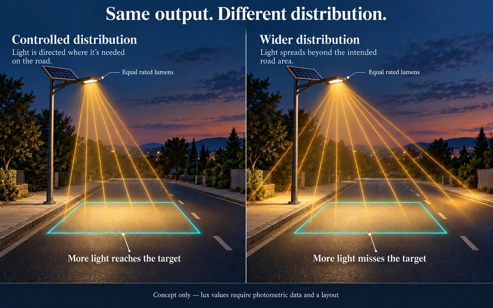 Two conceptual street-light beam patterns with equal output but different light reaching the road