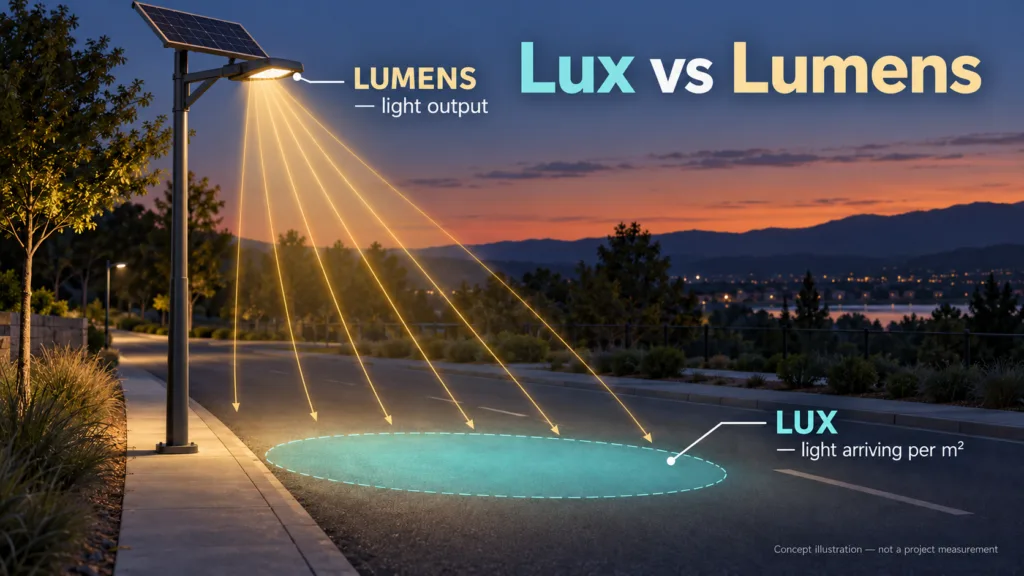 Lux vs lumens shown as light leaving a street luminaire and arriving on a road surface