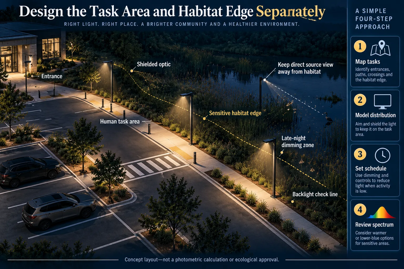Outdoor path lighting design controlling spill toward a sensitive wetland boundary