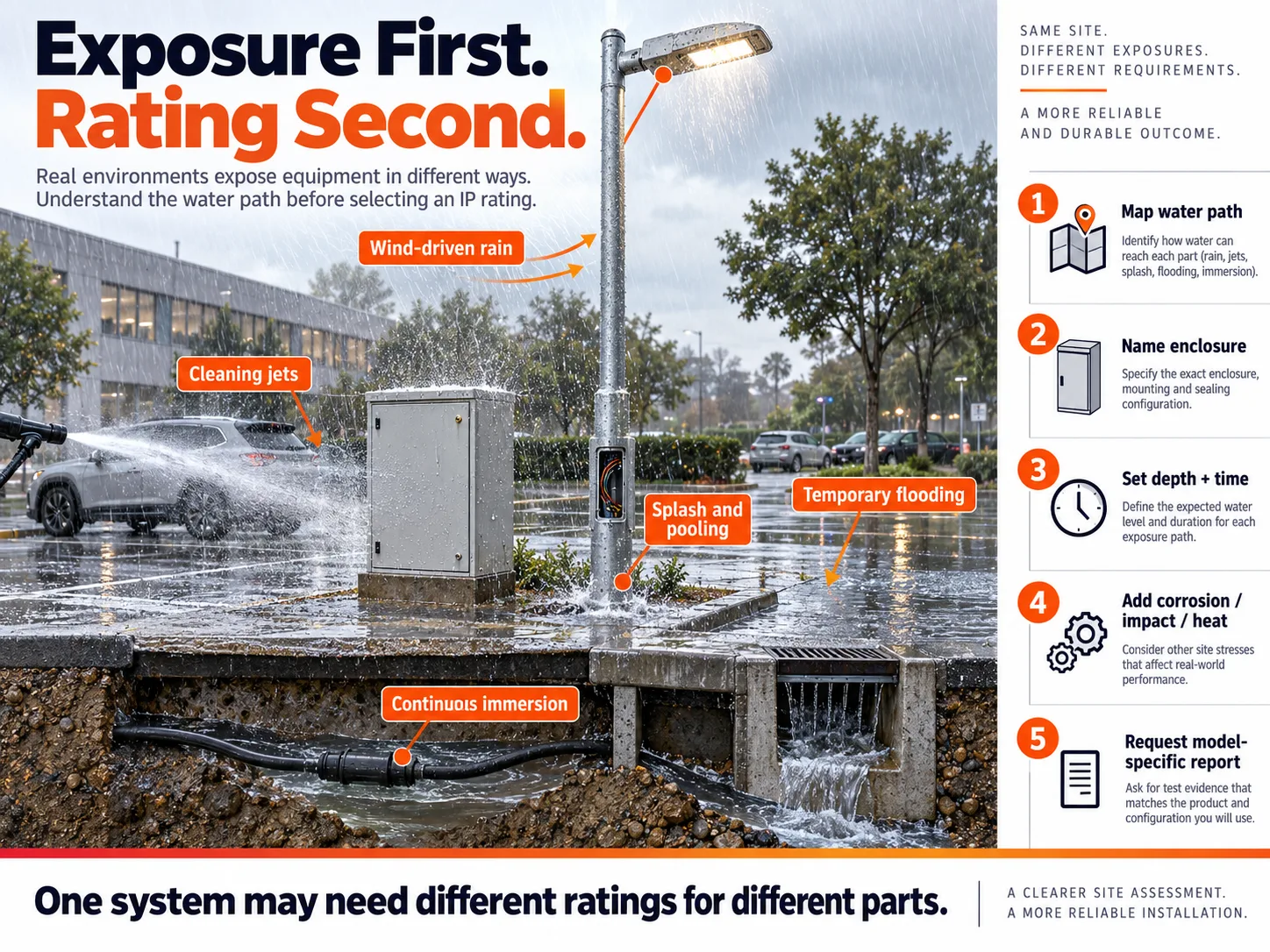 Outdoor lighting water exposure decision for rain jets temporary flooding and immersion