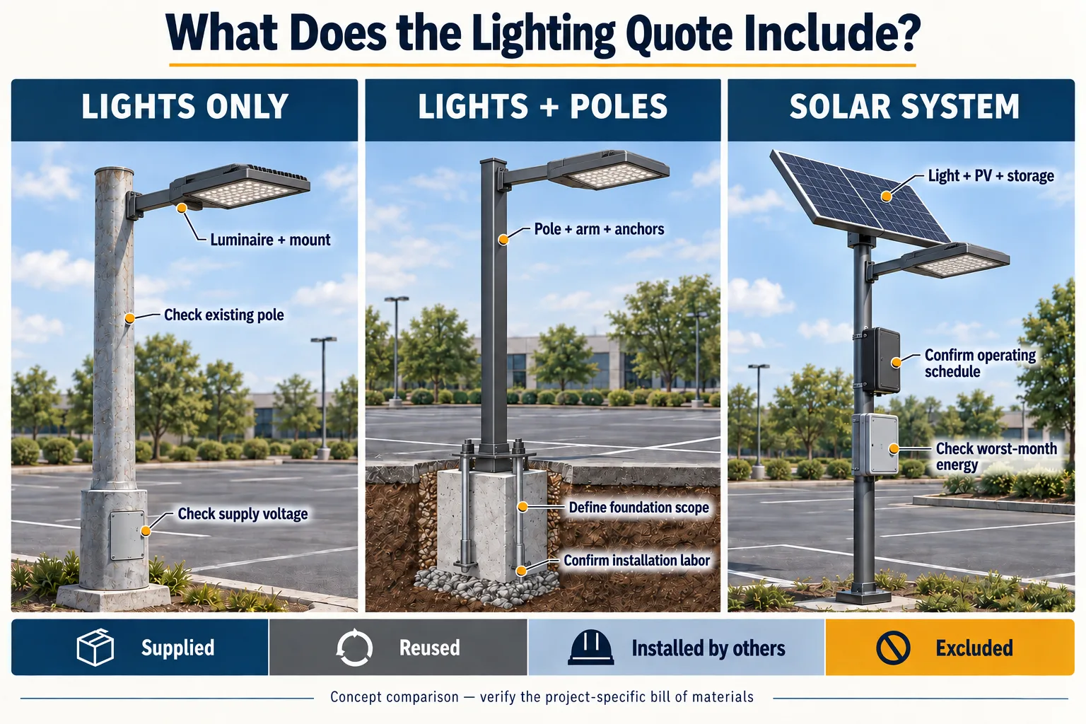 Parking lot lighting quote comparison for fixture replacement, new poles and a standalone solar system