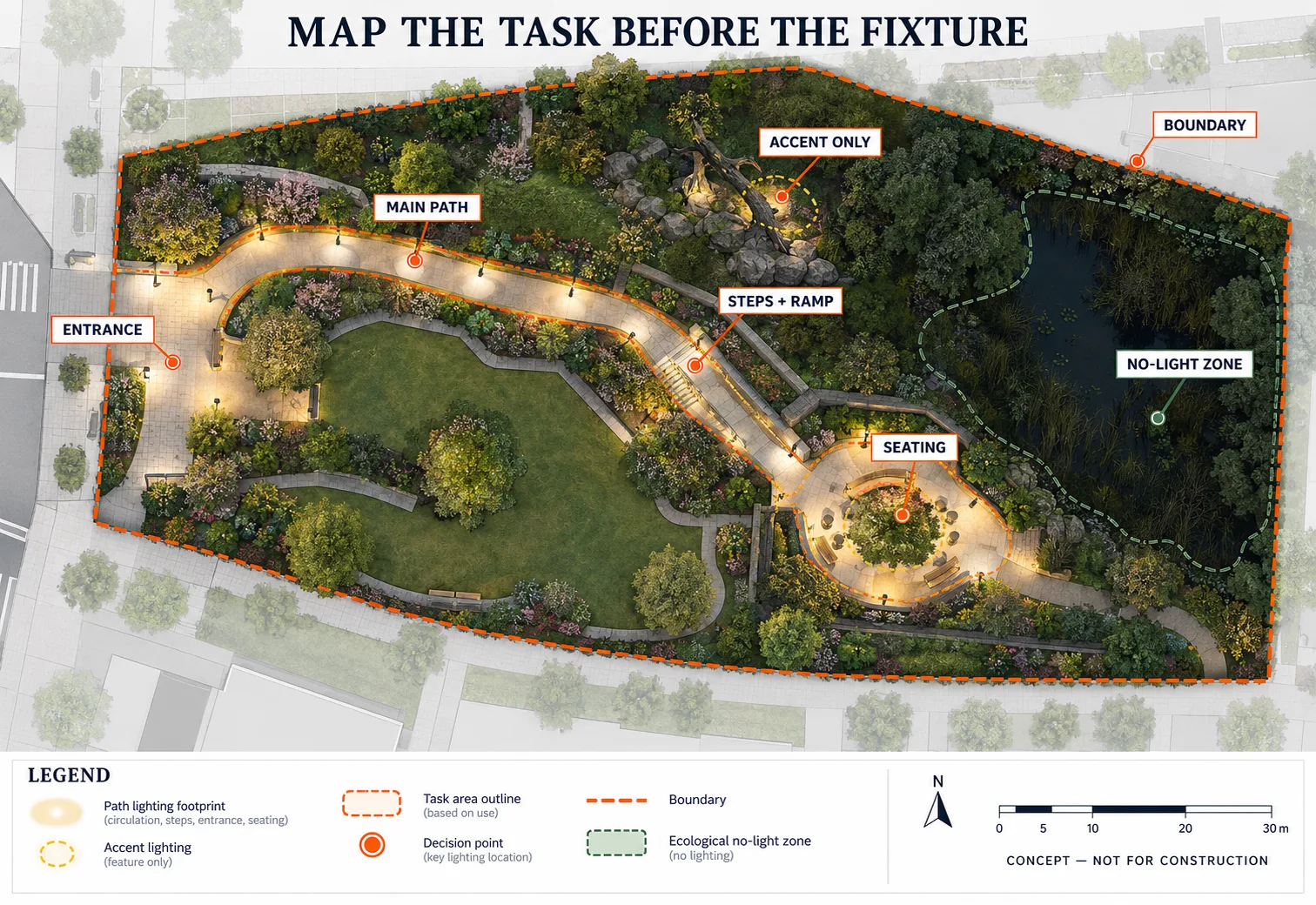 Solar garden lighting task zones for paths steps entrances seating and dark areas