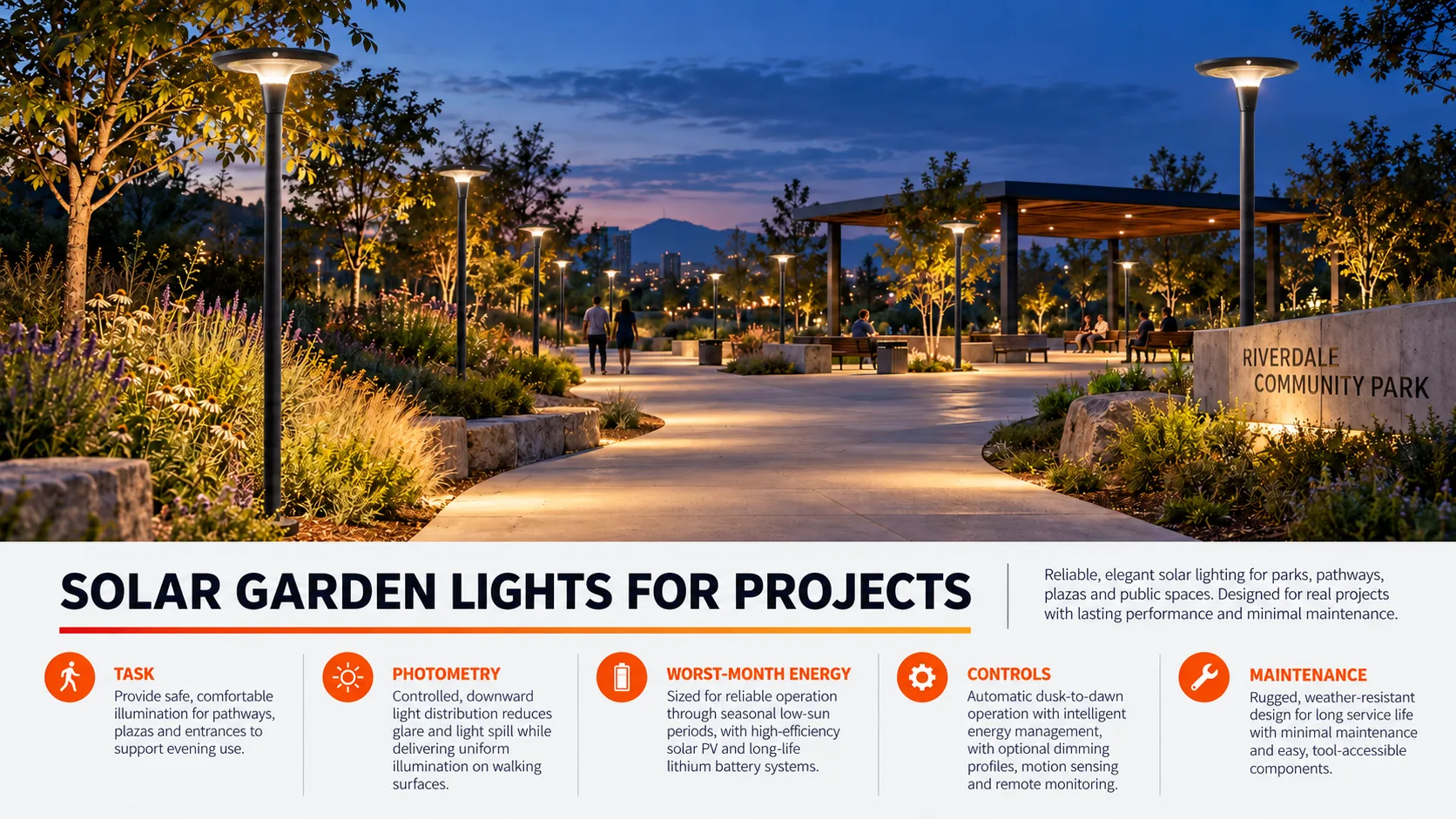 Solar garden lights for parks paths and commercial projects